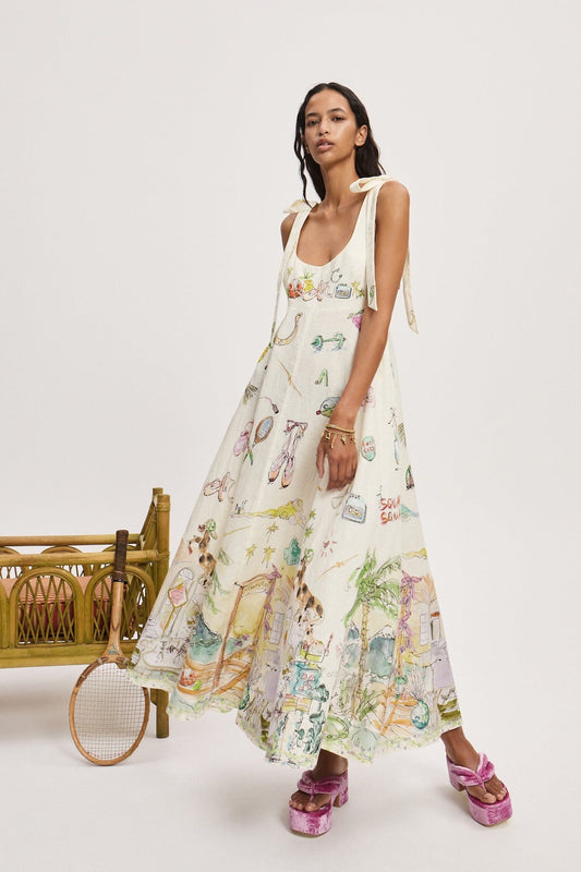 Alemais graphic-print midi dress ecru elasticated panelling adjustable shoulder strap U-neck 2507055AL