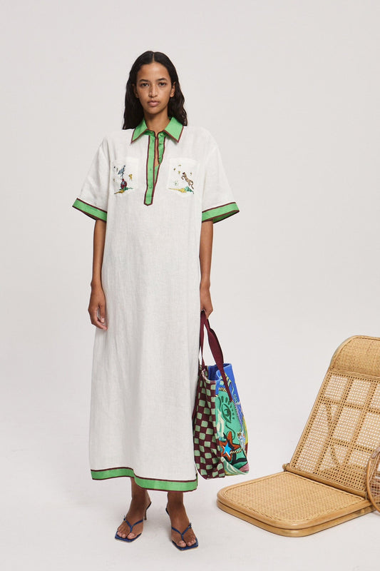 Alemais Linen Dress white front button placket short sleeves patch pocket waist belt 2508008AL