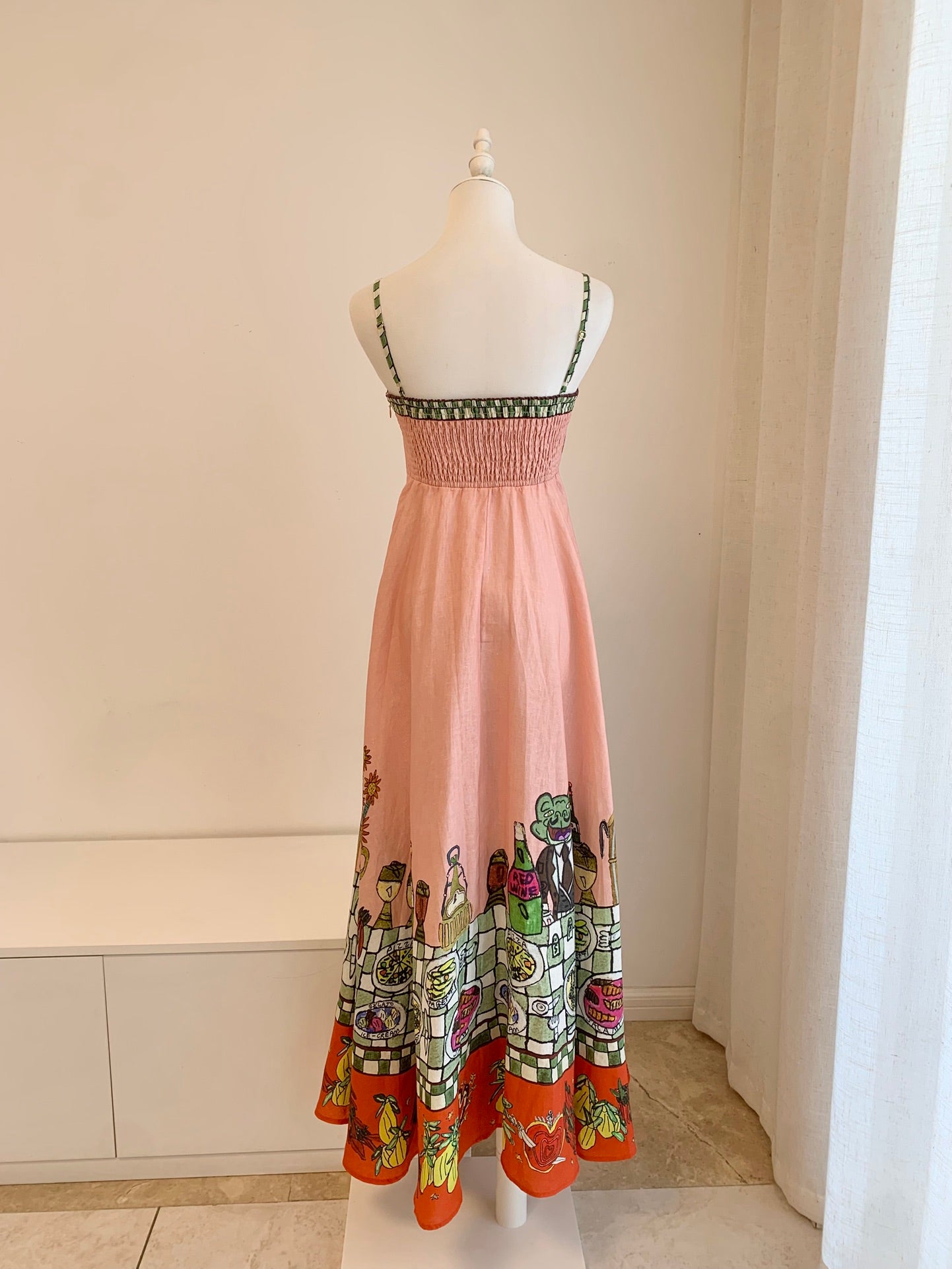 Alemais Midi Dress Stripe Pink Floral Print Rear-Zip Sleeveless Linen Slash-neck 2508049AL