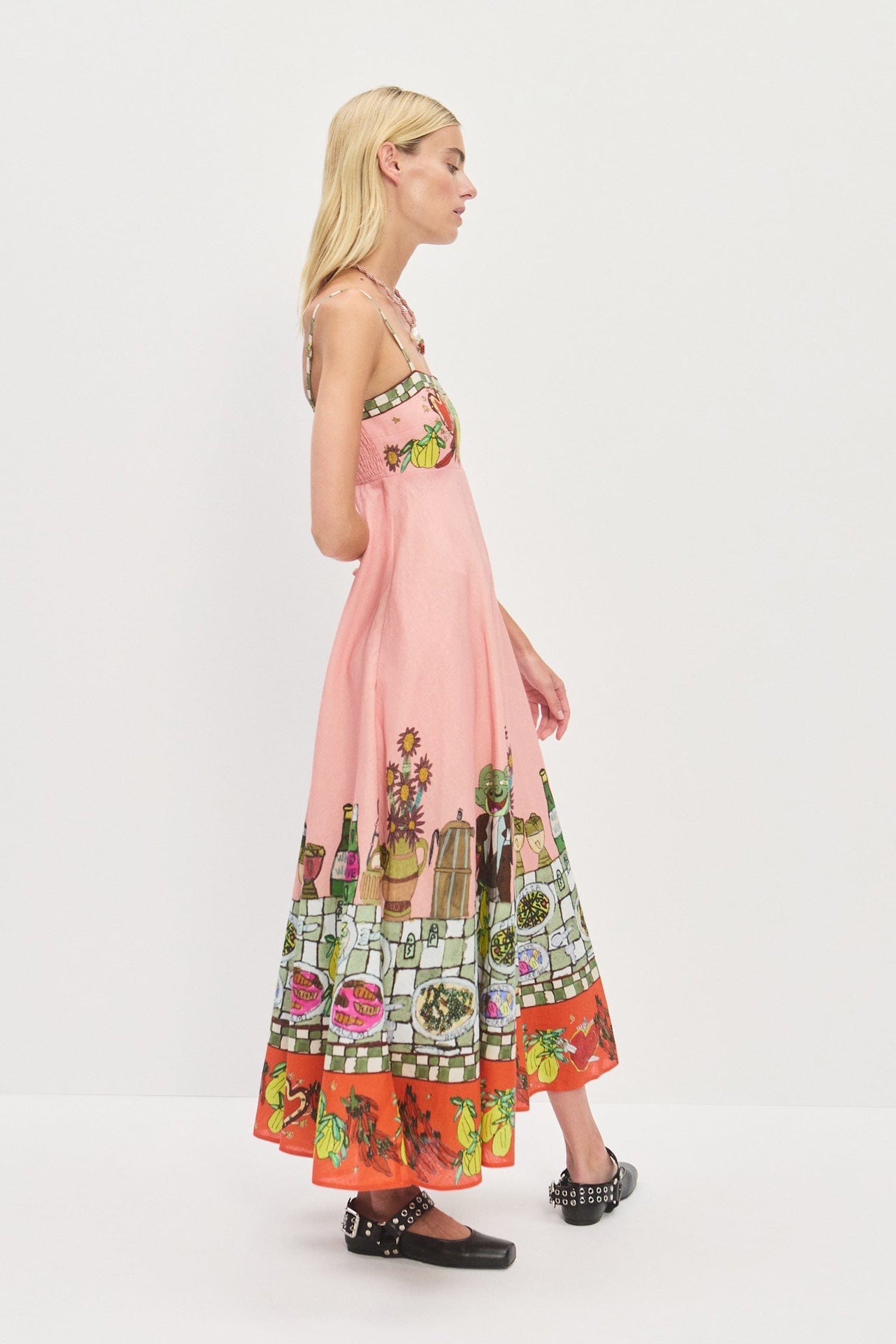 Alemais Midi Dress Stripe Pink Floral Print Rear-Zip Sleeveless Linen Slash-neck 2508049AL