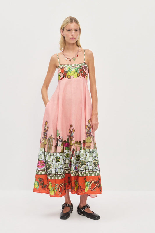 Alemais Midi Dress Stripe Pink Floral Print Rear-Zip Sleeveless Linen Slash-neck 2508049AL