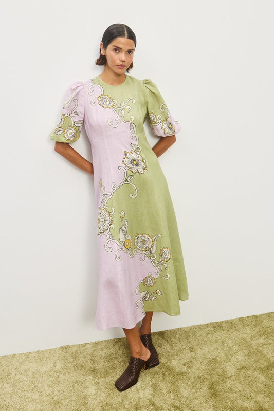 Alemais Midi Dress Green Short Puff Sleeve O-neck Linen Rear-zip Floral Print Slim 2508003AL