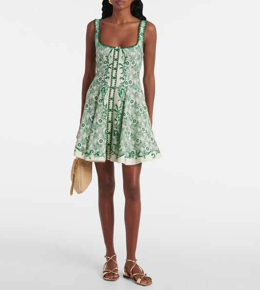Alemais Mini Dress Grass Green Rear-zip Sleeveless Floral Print Front button cotton linen 2508060AL