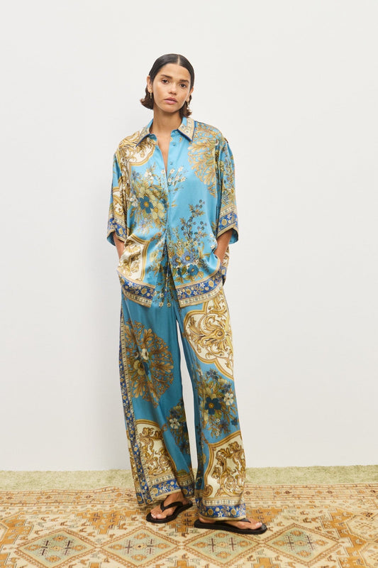 Alemais Cassie floral-baroque shirt trousers set light blue short sleeves button fastening drawstring waist 2508061AL