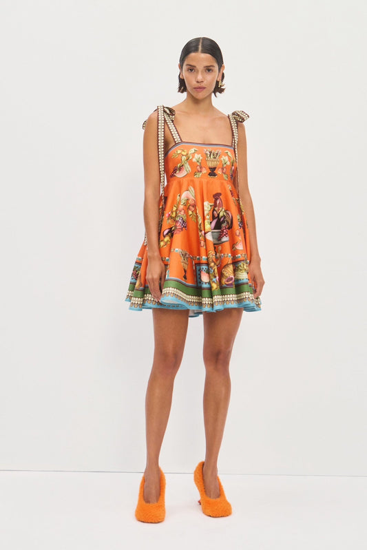 Alemais Cotton Mini Dress Orange Open Strape Slash-Neck Floral Print Side-Zip 2508051AL
