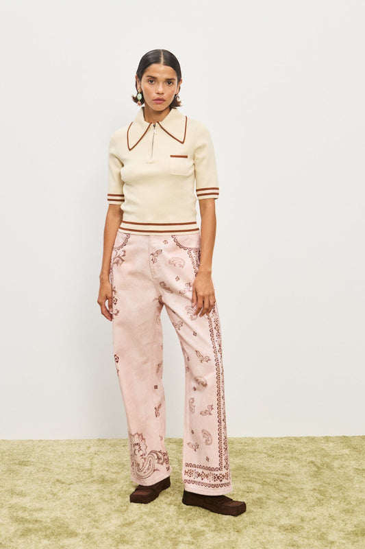 Alemais Knit Tops Polo Collar Beige Short Sleeve Patch Pad Viscose Blended Half Zip 2508093AL