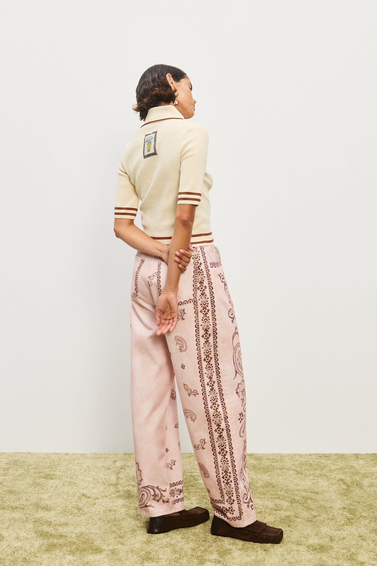 Alemais Knit Tops Polo Collar Beige Short Sleeve Patch Pad Viscose Blended Half Zip 2508093AL