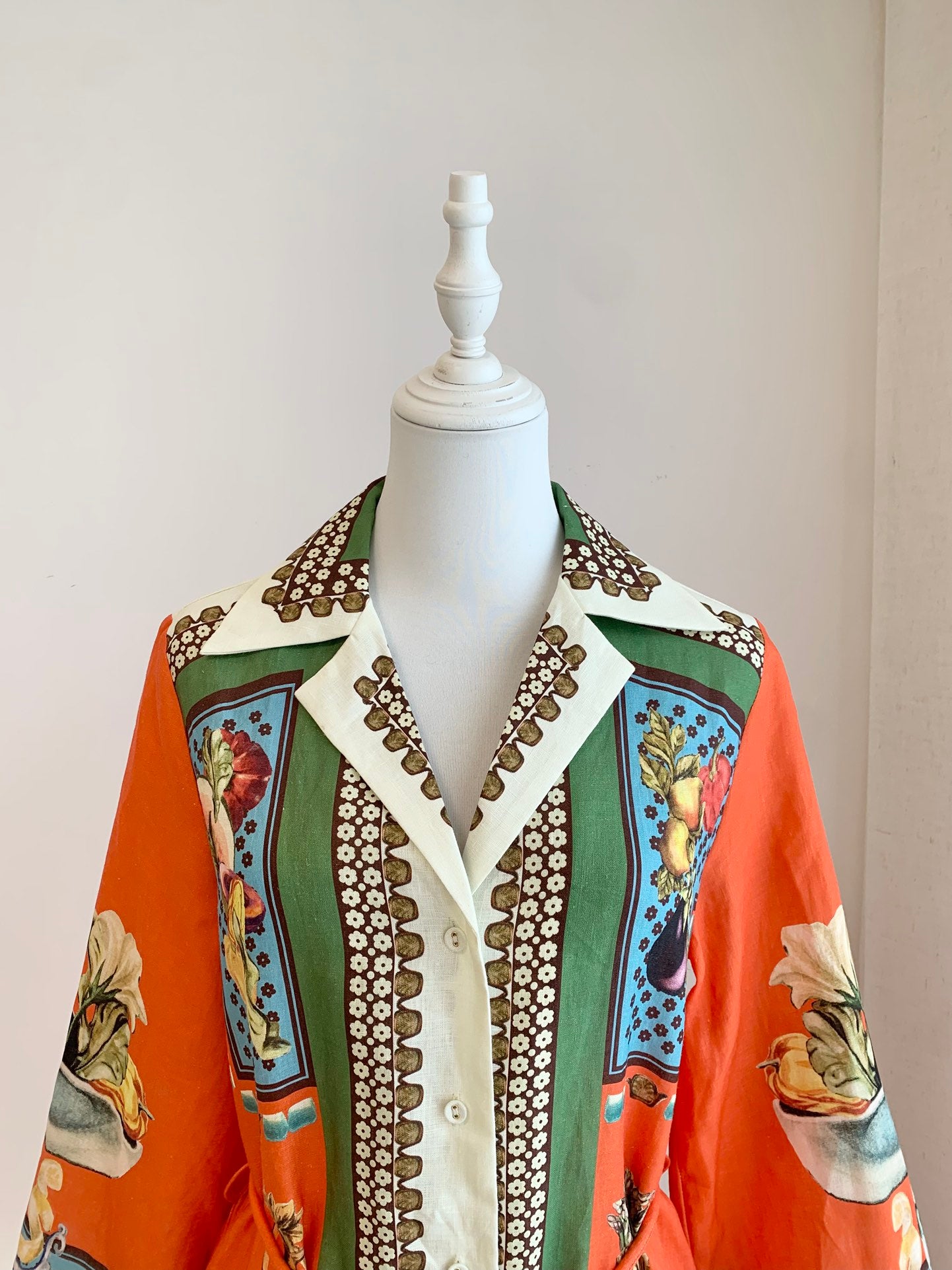 Alemais Midi Shirt Dress Orange Fruit Print Long Flair Sleeve Front Button Waist Belt 2508077AL