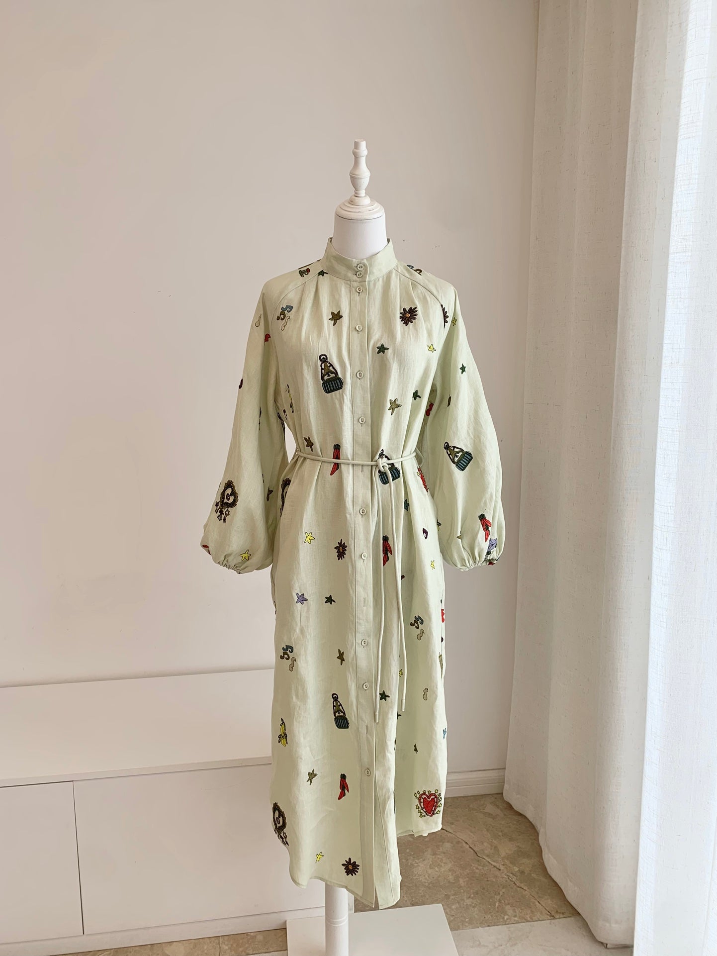 Alemais Midi Shirt Dress Light Green Embroidery Long Lantern Sleeve Front Button 2508076AL