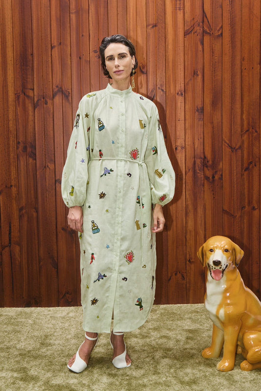 Alemais Midi Shirt Dress Light Green Embroidery Long Lantern Sleeve Front Button 2508076AL