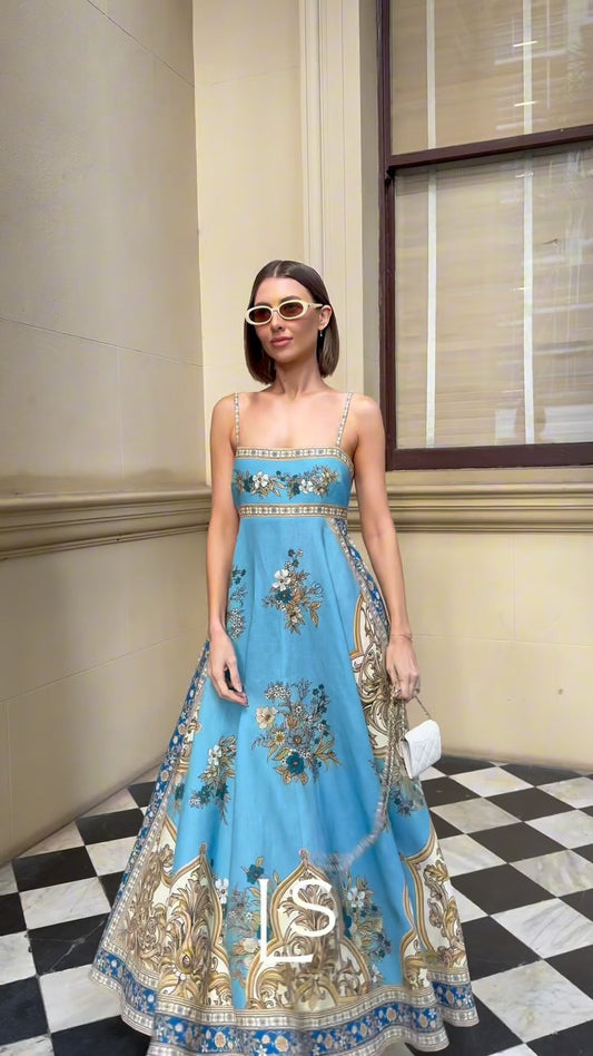 Alemais floral-print A-line midi dress Blue spaghetti straps Slash-Neck linen Elastic Back 2508103AL