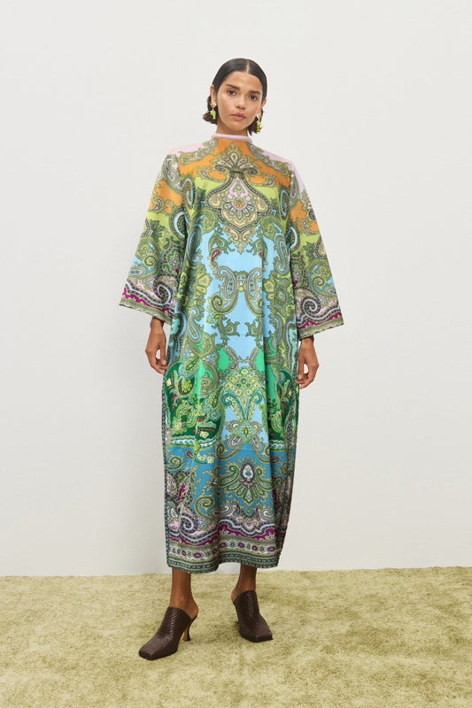 Alemais Midi Dress Multi-Color Silk Turtle Collar Loose Waist Flare Long Sleeve Waist Belt 2508100AL
