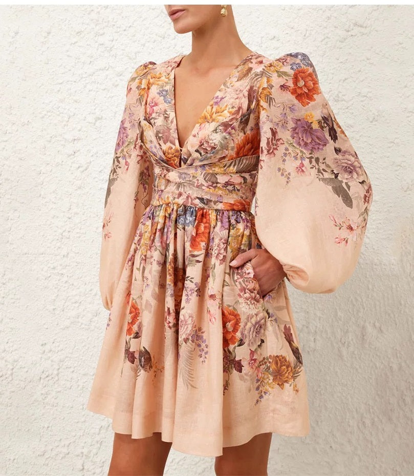 floral printed mini dress pink silk-linen blended V-Neck long puff sleeve 2409050zim