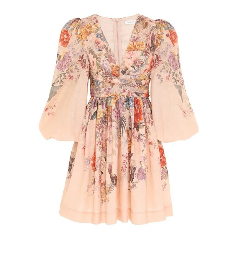 floral printed mini dress pink silk-linen blended V-Neck long puff sleeve 2409050zim