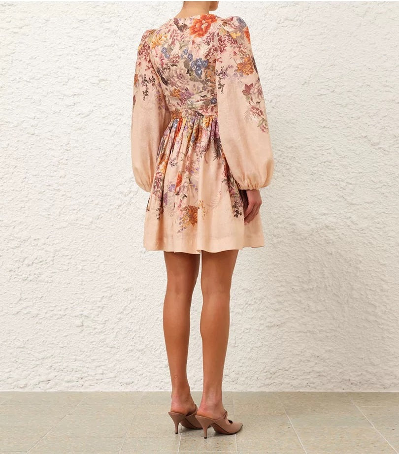 floral printed mini dress pink silk-linen blended V-Neck long puff sleeve 2409050zim