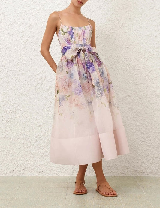 Zimmermann Dawning midi dress light pink rear hook and zip boned pockets linen silk 2503004Zim