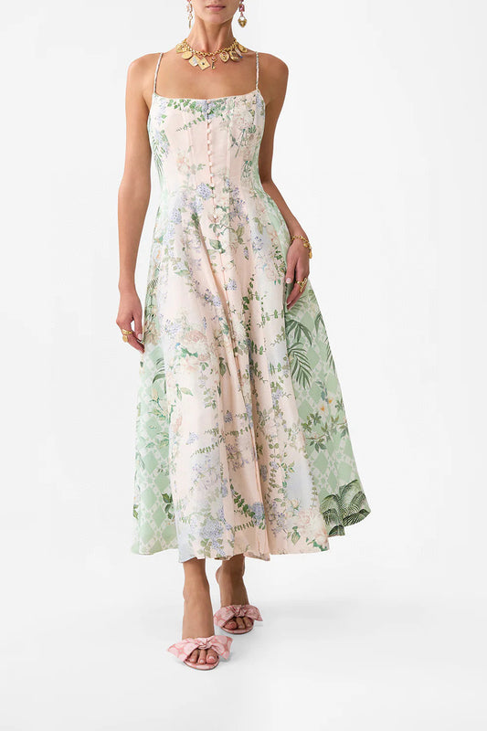 Camilla Midi Dress Spaghetti Sleeveless linen blended light pink boning back-zip high-waist 2506045Cami