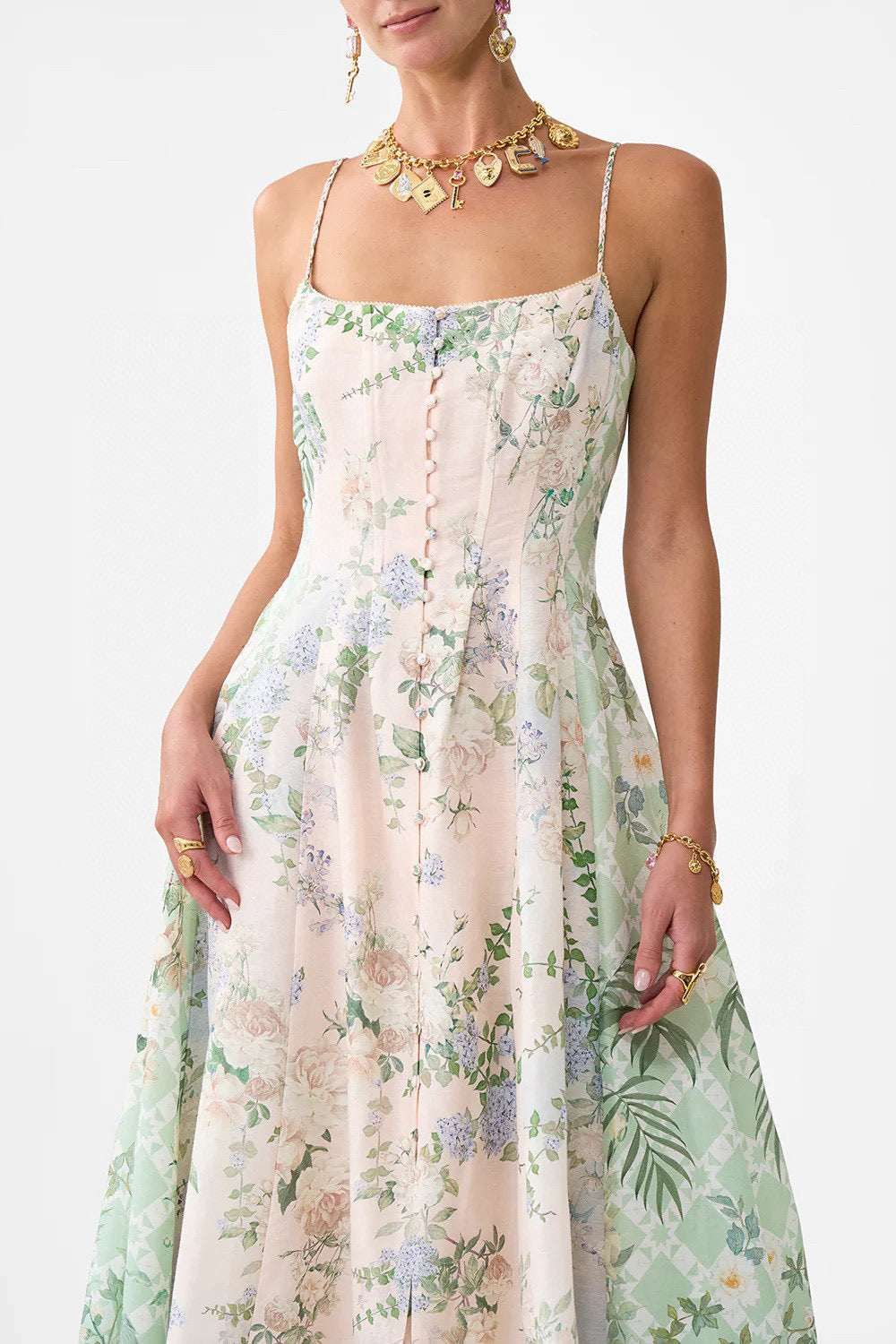 Camilla Midi Dress Spaghetti Sleeveless linen blended light pink boning back-zip high-waist 2506045Cami