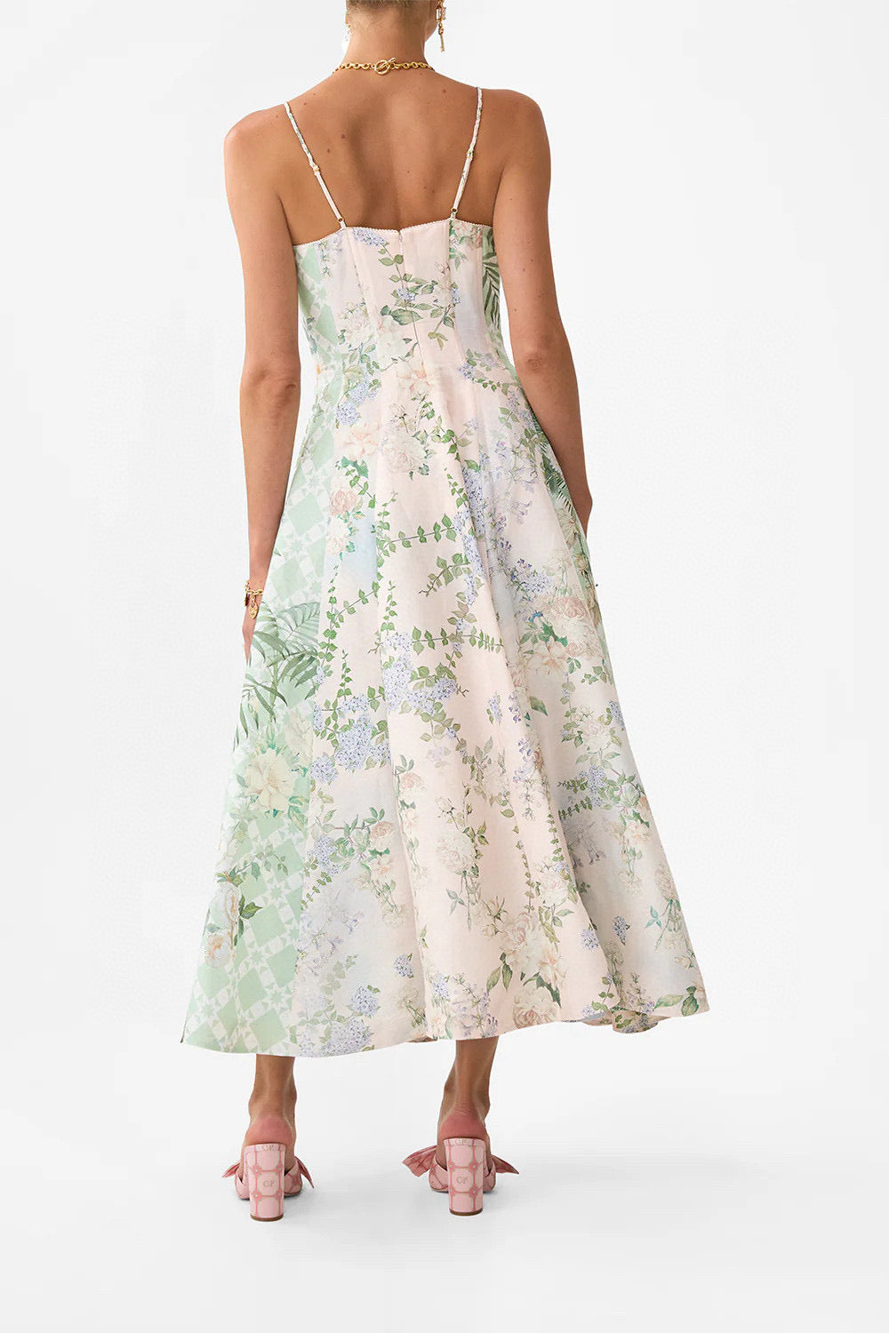 Camilla Midi Dress Spaghetti Sleeveless linen blended light pink boning back-zip high-waist 2506045Cami