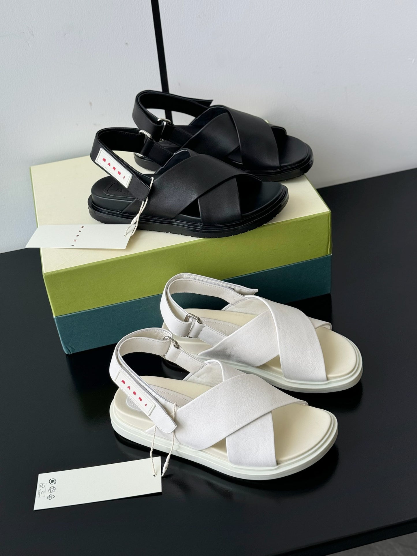 Marni sandal summer shoes women flat leather black white applique size 34-39 adjustable