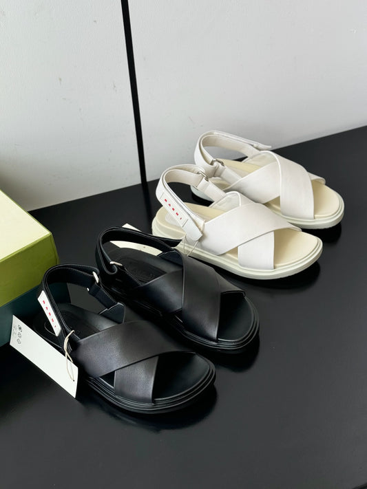 Marni sandal summer shoes women flat leather black white applique size 34-39 adjustable