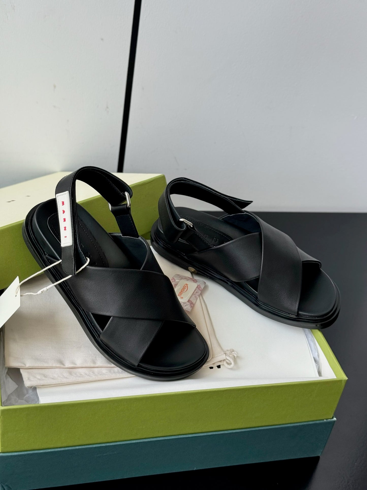 Marni sandal summer shoes women flat leather black white applique size 34-39 adjustable