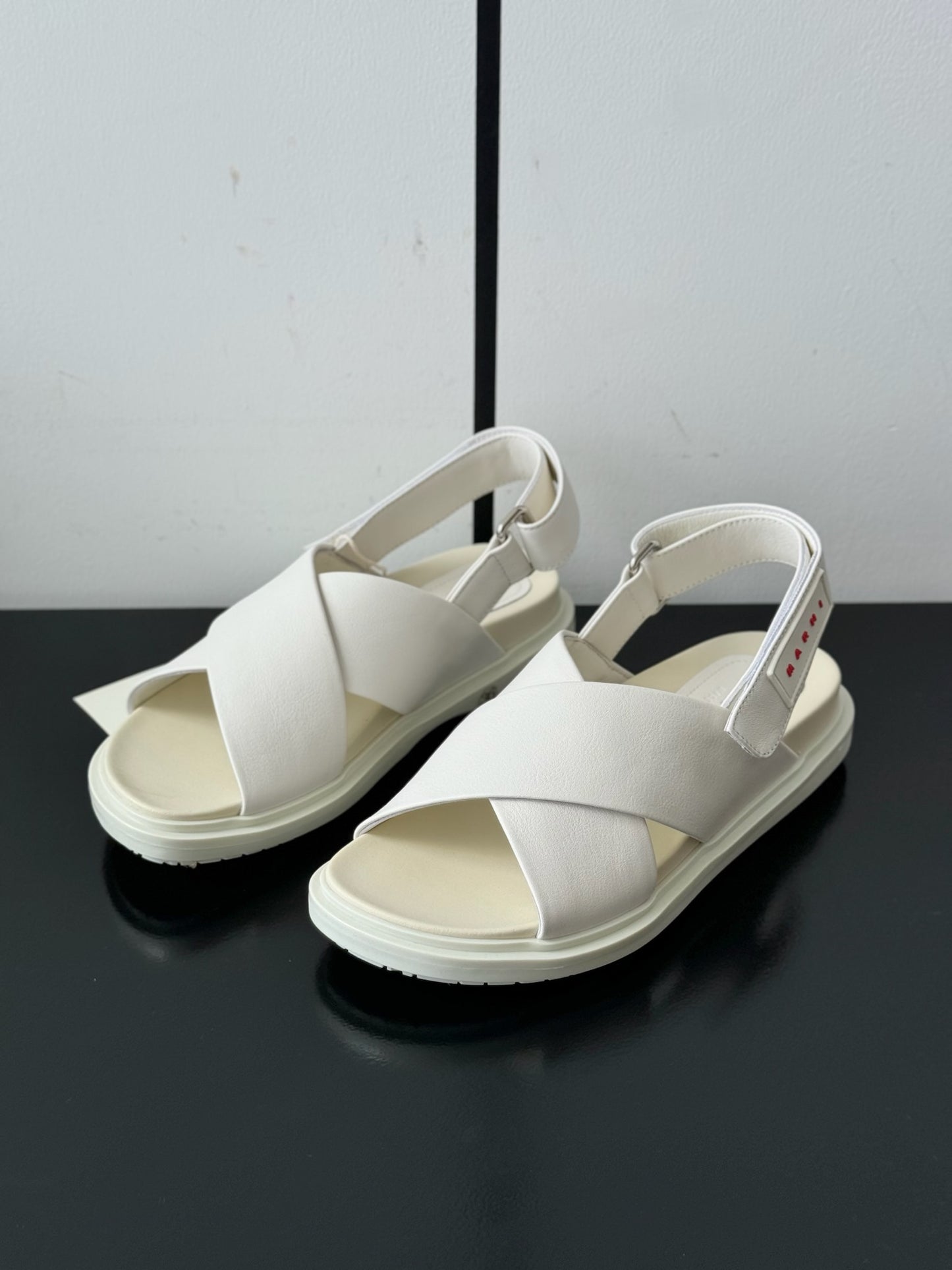 Marni sandal summer shoes women flat leather black white applique size 34-39 adjustable