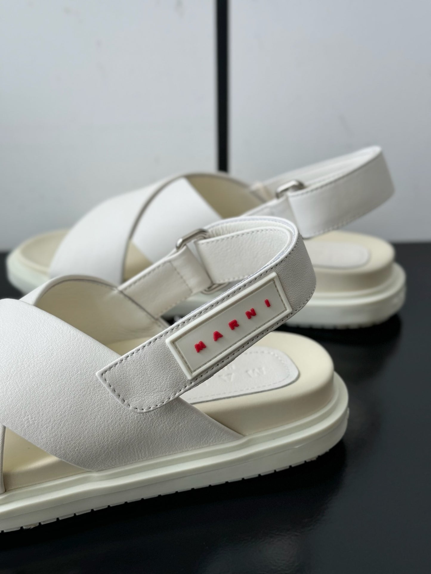 Marni sandal summer shoes women flat leather black white applique size 34-39 adjustable