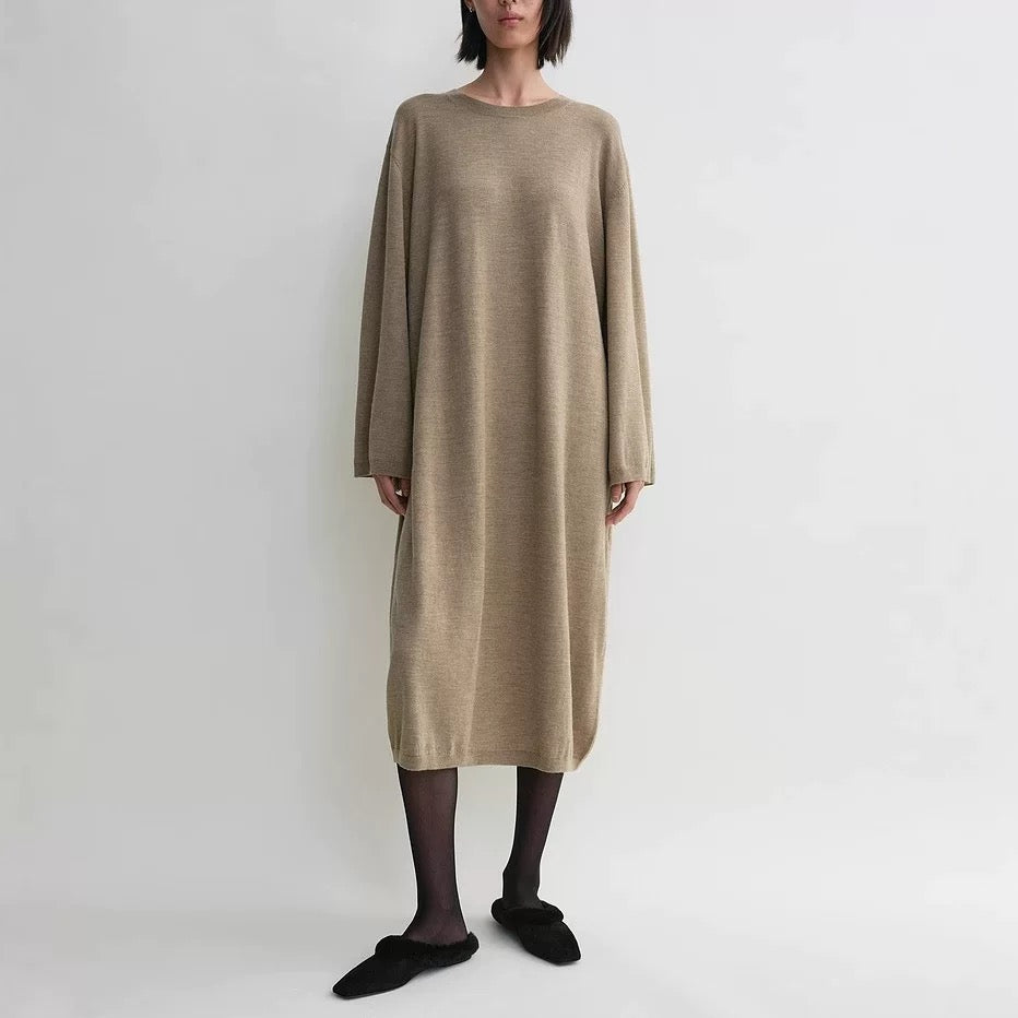 Toteme Wool Midi Blended Dress Loose Khaki Black Long Sleeve Knitted Straight Shape 2503084TT