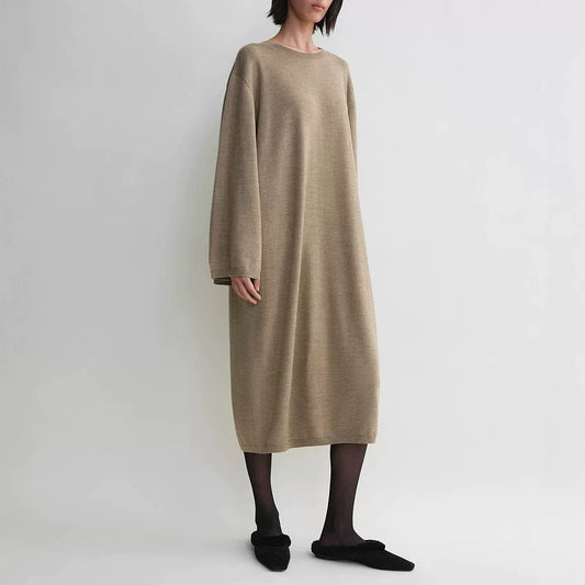 Toteme Wool Midi Blended Dress Loose Khaki Black Long Sleeve Knitted Straight Shape 2503084TT