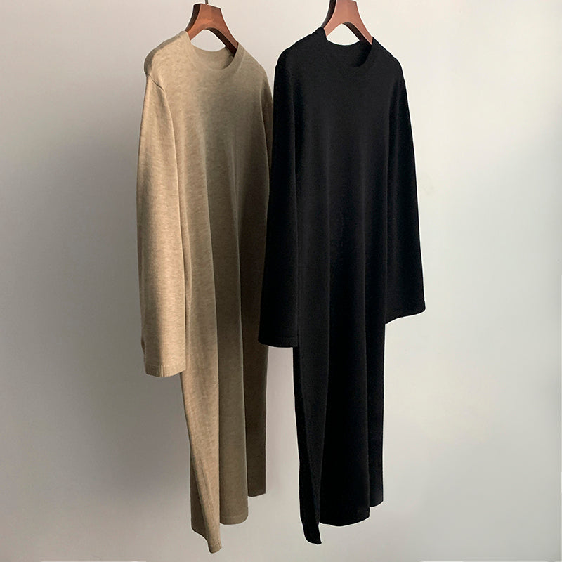 Toteme Wool Midi Blended Dress Loose Khaki Black Long Sleeve Knitted Straight Shape 2503084TT