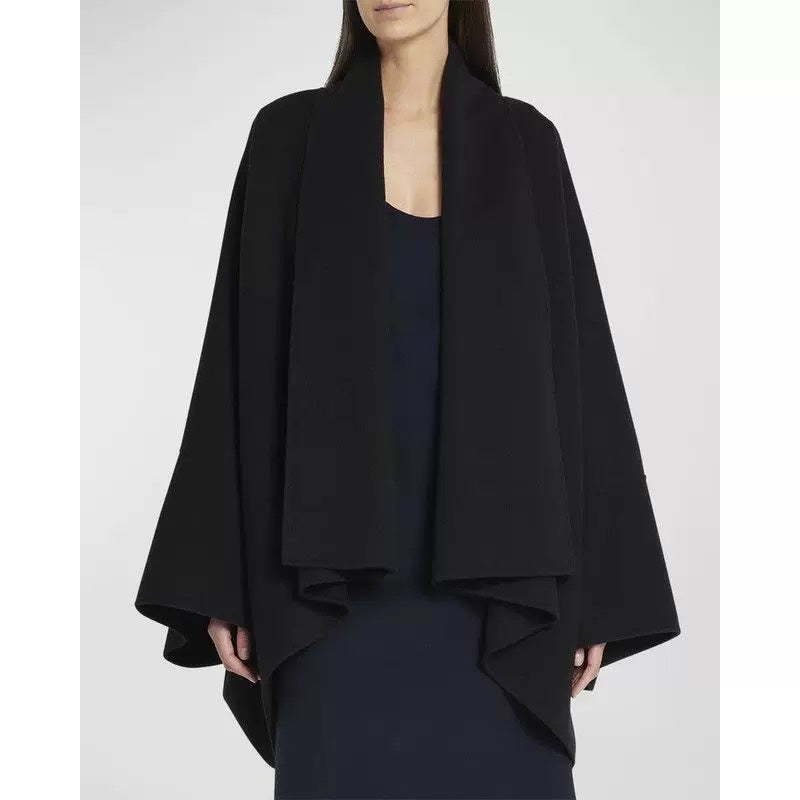 2411038TR The Row Winter Cape Jacket Wool Coat Black Plus Size Button-Free Long Sleeve V-Neck