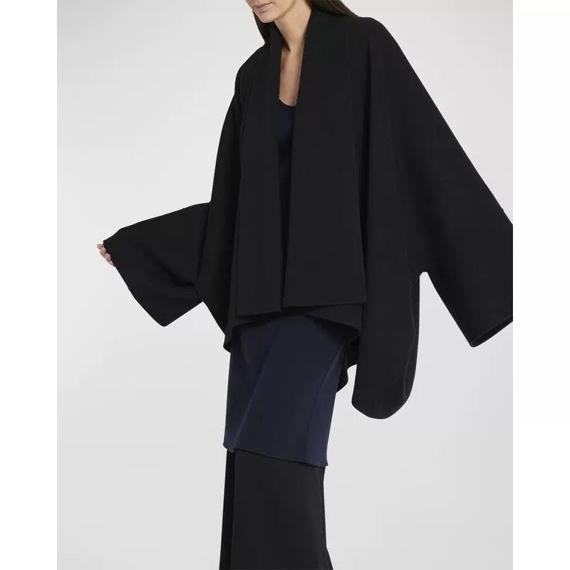 2411038TR The Row Winter Cape Jacket Wool Coat Black Plus Size Button-Free Long Sleeve V-Neck