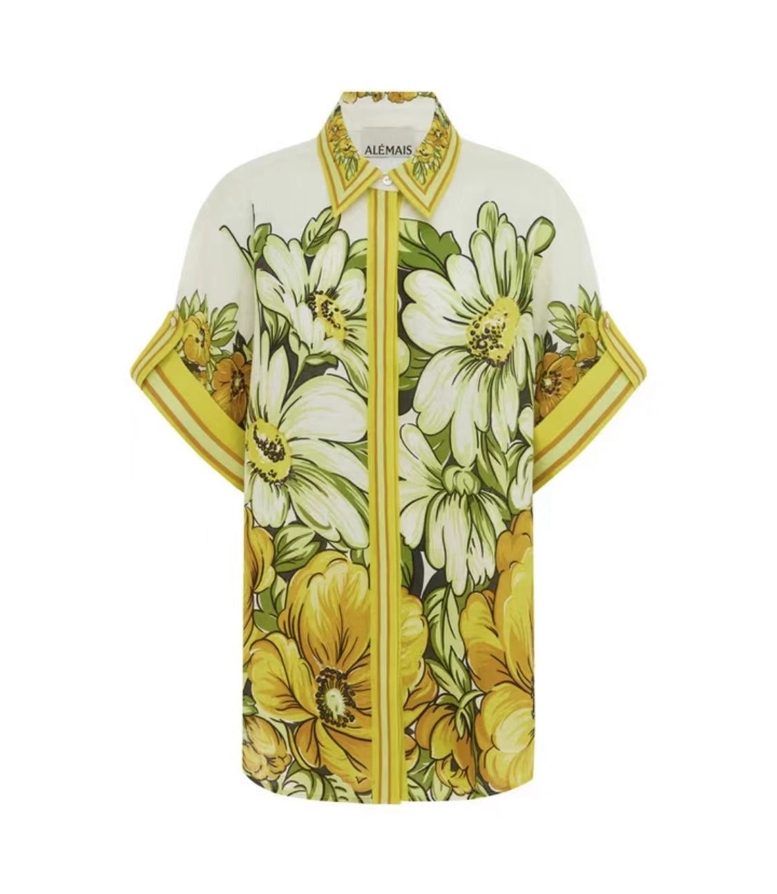 Alemais Gisela Summer shirt pants set linen yellow floral print classic collar short sleeve