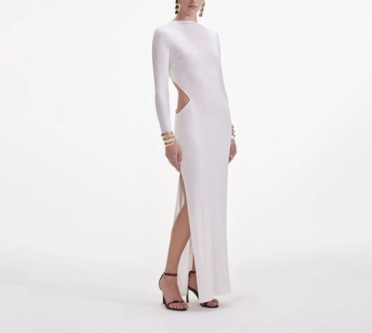 Self-Portrait White Maxi Dress Cut-Back Viscose Gown Dress Long Sleeve Slim Fit 2503047SP