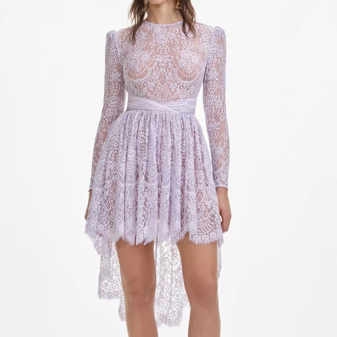 Self-Portrait Mini Dress Lavender Lace short front long back long sleeve high waist back-zip 2503033SP
