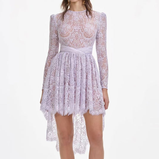 Self-Portrait Mini Dress Lavender Lace short front long back long sleeve high waist back-zip 2503033SP