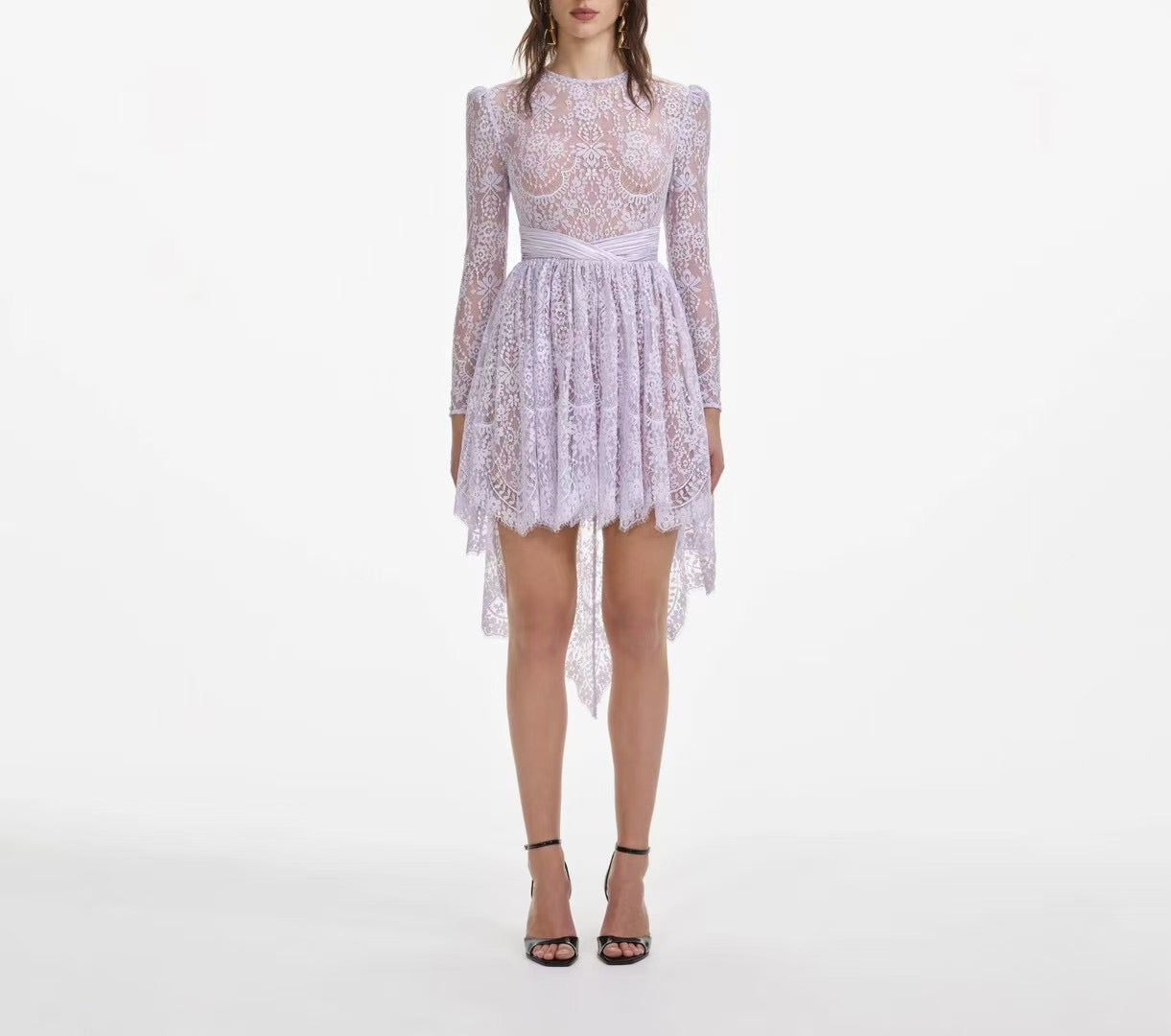 Self-Portrait Mini Dress Lavender Lace short front long back long sleeve high waist back-zip 2503033SP