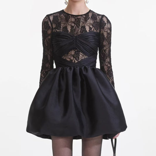 Self-Portrait Mini Dress Black Flower Lace Long Sleeve See-through Puff skirt High Waist 2503045SP
