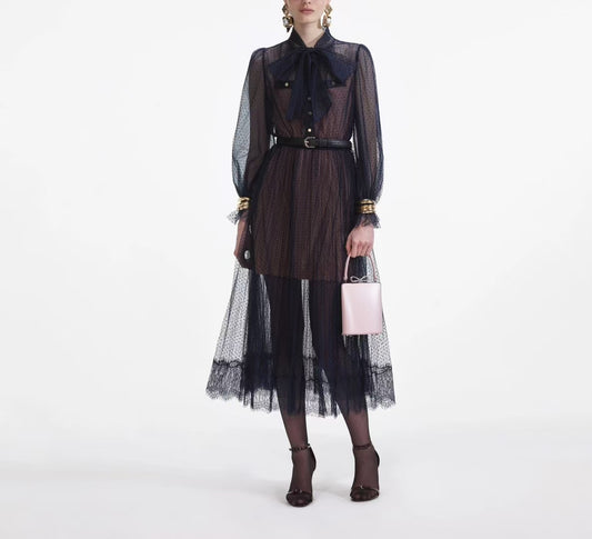 Self-Portrait Midi Dress Dark Blue Dot Ruffles Long Sleeve See-through Belted High Waist 2503051SP