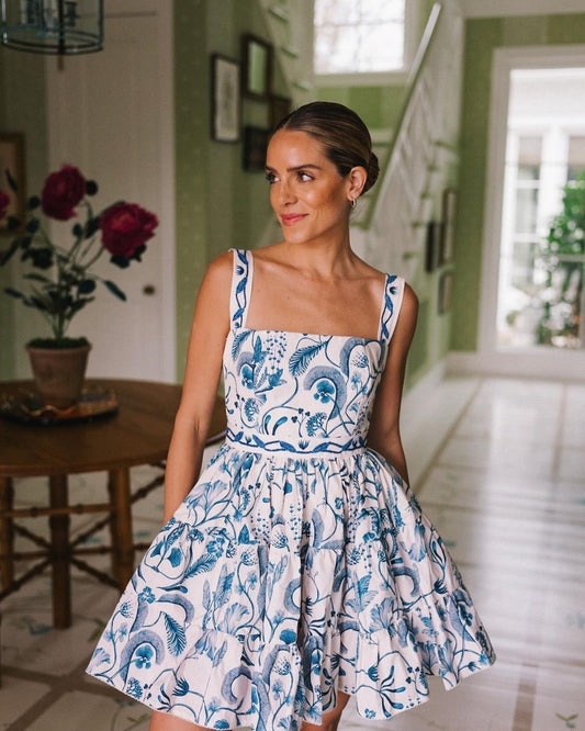 Agua Cotton mini dress sleeveless blue print back-zip embroider waist shoulder strape backless 2504112Agu