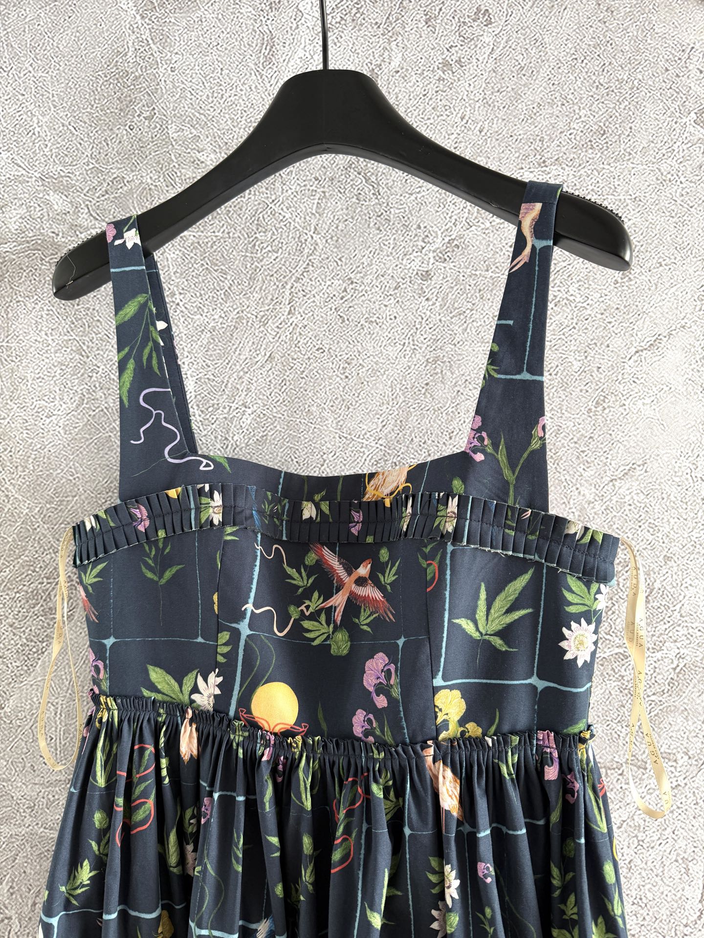 Agua midi dress slash neck black floral print pleated sleevless back-zip wave-edge cotton 2504180AGU