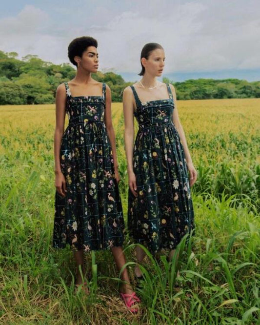Agua midi dress slash neck black floral print pleated sleevless back-zip wave-edge cotton 2504180AGU