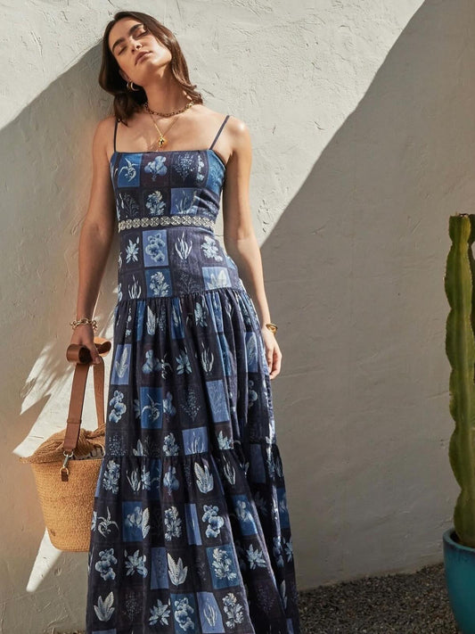 Agua spaghetti strape maxi dress linen navy blue slash neck floral print embroidery waist 2505001AGU