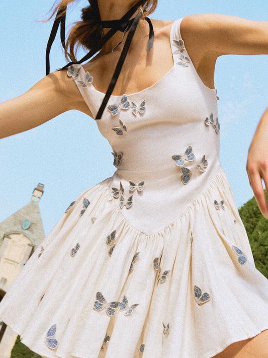 Agua White Mini Dress U-Neck Sleeveless Butterfly embroidery applique back-zip high-waist 2505007AGU