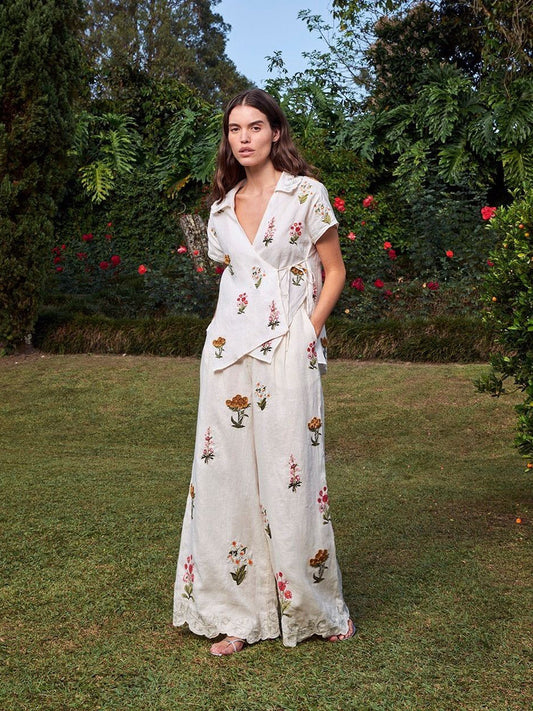 AGUA Summer Linen wrap Shirt Pants set floral embroidery beige V-neck wide-leg fix-waist 2506015AGUA