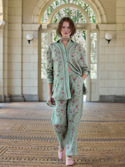 Agua Florecer shirt trousers green embroidery waist side pocket long sleeve loose design 2505003AGU