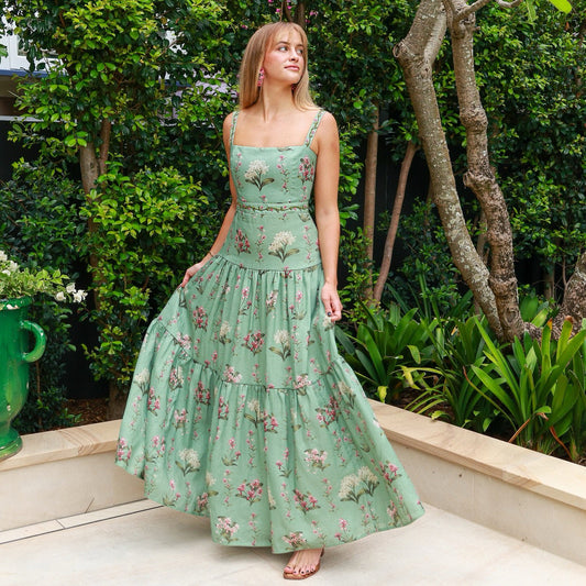Agua Linen Maxi Dress light green floral print slash neck embroidery waist back-zip 2505002AGU