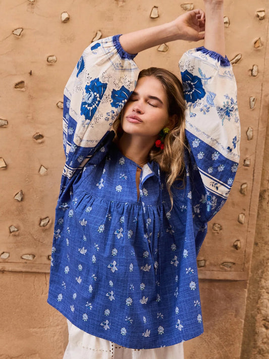 Denish Sissel Cotton shirt blue drawstring round-neck long sleeve drawstring loose pullover 2505087Sis
