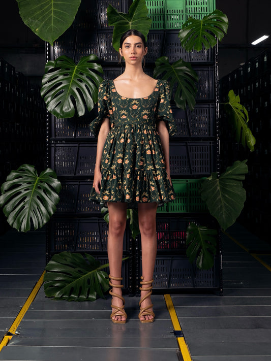 AGUA Cotton Mini Dress Dark Green Short Sleeve Floral Print U-Neck Embroidery-Wasit 2505082Agua